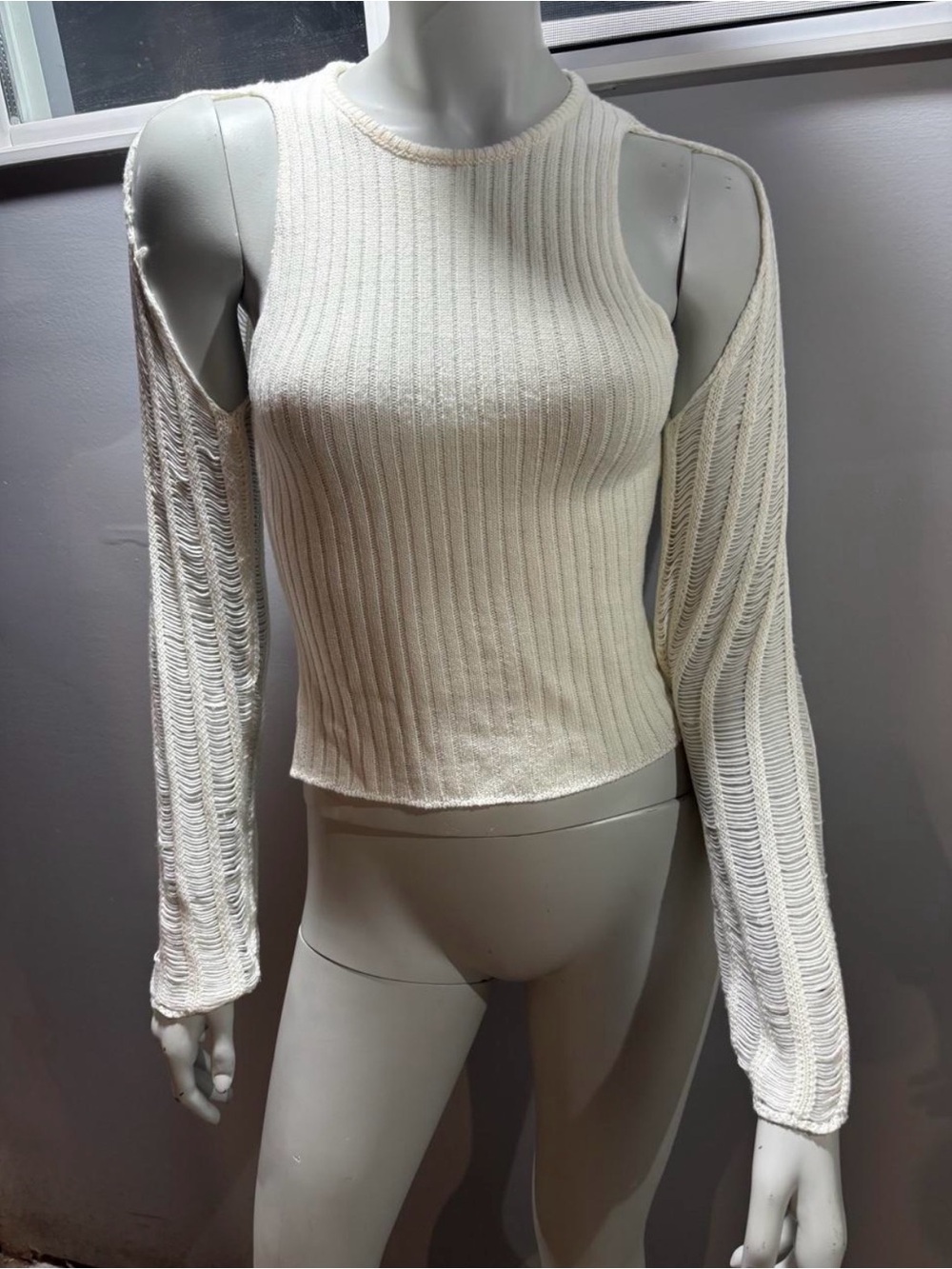 Tiger Mist Cream Ribbed Cold-Shoulder Knit Top
